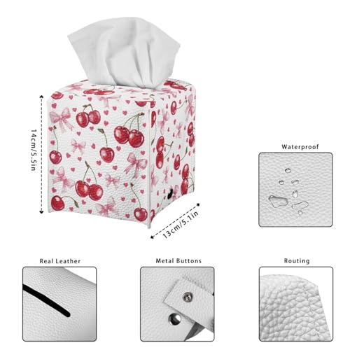 Cherry Heart Tissue Box Covers Leather PU Facial Paper Organizers Dispenser Foldable Square Facial Tissue Case for Tabletop Bathroom Night Stand - color: Cherry Heart