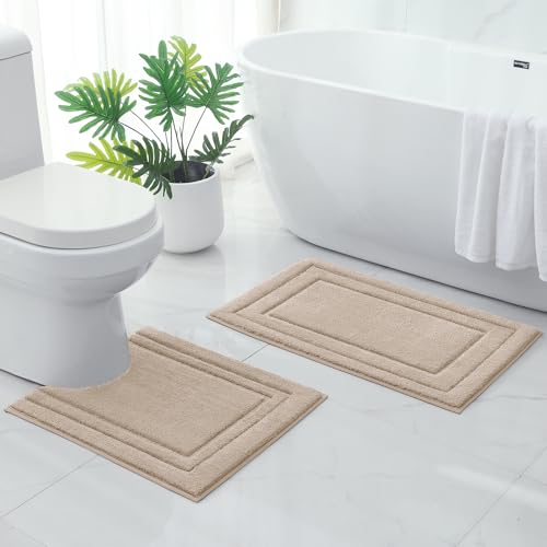 HOMEIDEAS Bathroom Rugs Sets 2 Piece, Super Soft and Absorbent Non Slip Microfiber U-Shaped Toilet Bath Mat Set (20"x32"+U20 x24, Beige) - color: Loop- Beige, size: 1'8" x 2'8" (20"x32"+U Shape 20"x24")