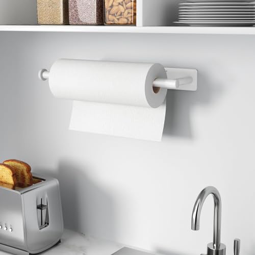 Paper Towel Holder,Self-Adhesive or Drilling, White, 1 Pack | SUS304 Stainless Steel,Kitchen Roll Dispenser Under Cabinet,Wall Mounted Rack - color: White