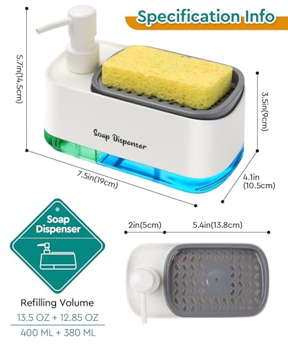 Kitchen Dish Soap Dispenser Set,Dish and Hand Soap Dispenser with Sponge Holder, 3-in-1 Countertop Sponge Dual Soap Pump Dispenser for Kitchen Sink - White