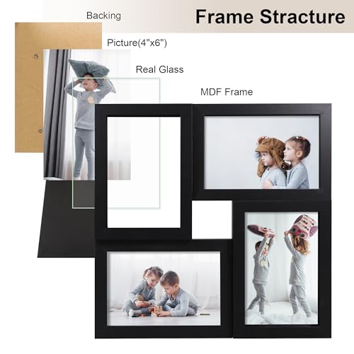 4x6 Picture Frames Collage 1 Pack, 4 Opening Multi Family Photo Collage Frames with Real Glass for Wall Hanging or Tabletop, Black - color: Black