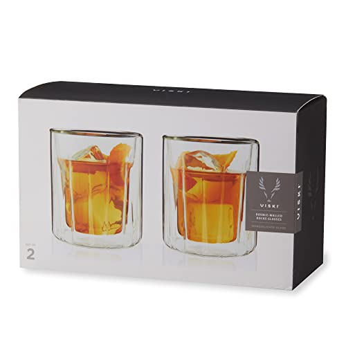 Viski Double Walled Rocks Glasses - Insulated Whiskey Tumblers with Cut Crystal Design - Dishwasher Safe 10.5oz Set of 2 - style: Double Walled Rocks