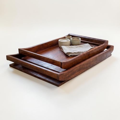 Wooden Serving Tray Set of 2 | Big Size 16x12 & 14x10 Inches | Premium Finish Wood Serving Platters with Handles | Breakfast, Coffee, Food Serving Tray for Home, Kitchen, Restaurant & Décor
