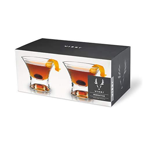 Viski Heavy Base Stemless Manhattan Glasses Set of 2 - Premium Crystal Cocktail Glass, Stemless Martini Glasses, Cocktail Glass Gift Set, 7 oz - style: Classic