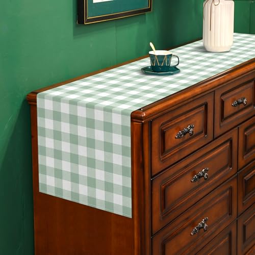 Sage Green Gingham Party Table Runner Green and White Checkered Plaid Decorations for Birthday Bridal Baby Shower Home Dining Kitchen Island Decor (13" x 72") - size: 13" x 72"
