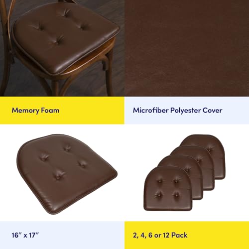 Sweet Home Collection Chair Cushion Memory Foam Pads Tufted Slip Non Skid Rubber Back U-Shaped 17" x 16" Seat Cover, 2 Count (Pack of 1), Faux Leather Chocolate Brown - color: Faux Leather Chocolate Brown, size: 2 Pack, style: Foam Pads