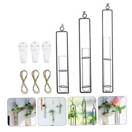 CALLARON 3 Kits Hanging Hydroponic Test Tube Vase Set with Iron Frame, Glass Plant Propagation Containers, Wall-mounted Flower Holders for Indoor and Garden Decoration