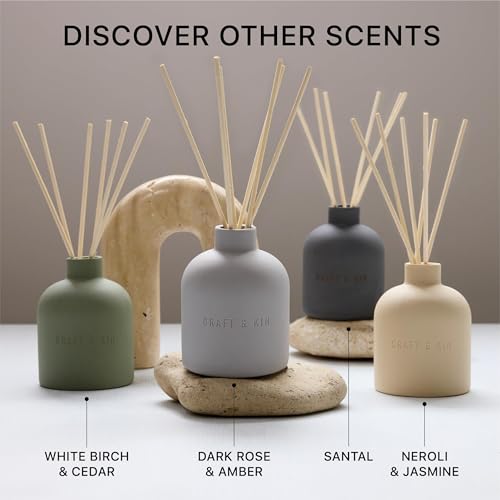Craft & Kin White Birch & Cedar Reed Diffuser – Earthenware Collection, 6.7 oz – Alcohol-Free Essential Oil Diffuser for Home & Bathroom – Long-Lasting Fragrance Sticks – Ceramic Room Decor