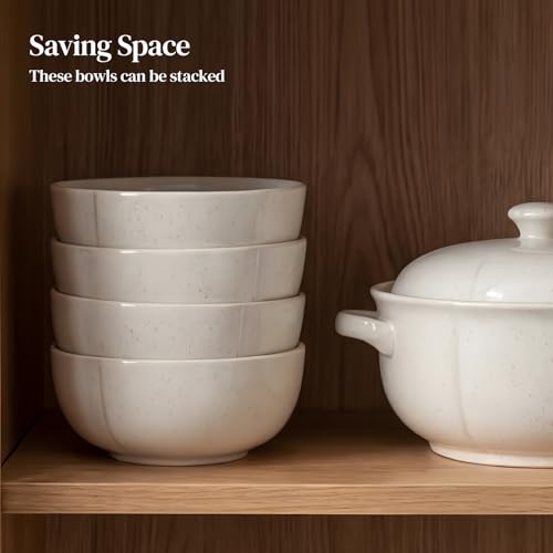 DOWAN 32 OZ Soup Bowls Set of 4, 6" Large Deep Ceramic Bowls with Embossed Sesame Glaze for Kitchen, Oatmeal, Soup, Salad, Fruit, Dishwasher & Microwave Safe