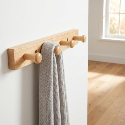 TOYANDONA Wooden Wall Mounted Coat Rack Hook with 4 Rubberwood Pegs, Natural and Hat Hanger for Bedroom and Entryway Storage