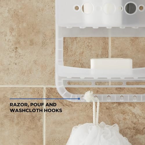 Shower Caddy Hanging, Large Heavy Duty Plastic Shower Organizer with 2 Shelves and 1 Deep Basket, White
