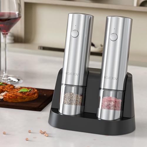 CIRCLE JOY Electric Salt and Pepper Grinder Set Stainless Steel Spice Grinder Automatic Pepper Mills with Easy-to-Carry Dual Charging Station, White Led Light, and Adjustable Coarseness, Silver - color: Upgrade Silver
