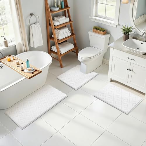Bsmathom 3 Piece Bathroom Rug Sets, Non Slip Microfiber Bath Mat, White | Plush Water Absorbent Bath Rug Sets with U-Shaped Contour Toilet Mat, Machine Washable Carpet for Bathroom Sink, Shower - color: White