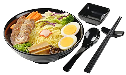 4 Noodle Bowls Set - large 32oz Ramen Bowl Set for authentic Asian Cuisine - with Dipping Bowls, Spoons, Chopsticks & Chopstick Stands. Enjoy Thai Miso Udon Wonton (4 Bowl Set, Black) - color: Black, size: 4 Bowl Set