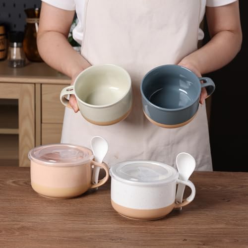 GBhome Ceramic Soup Mugs with Handles and Lids,24 OZ Soup Cups Set of 4 with Terracotta Underside,Mug Bowls with Spoon for Soup/Cereal/Salad/Noodles/Ramen/Microware &Dishwasher Safe-Colorful - color: Multicolor-1
