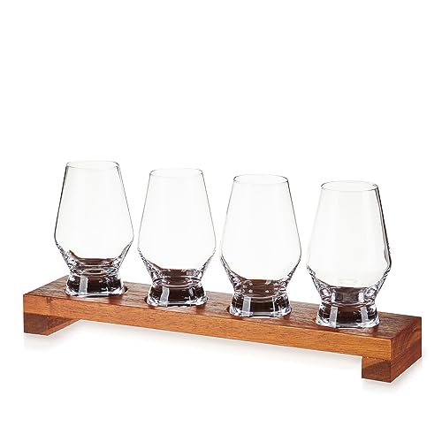 Viski Spirit Tasting Flight Set, Crystal Glass Set with Wooden Tray for Bourbon, Scotch, Gin, Brandy or Liquor, Elegant Drinkware for Home Bars, Whiskey Flights, and Barware Collections - style: Tasting Flight Set