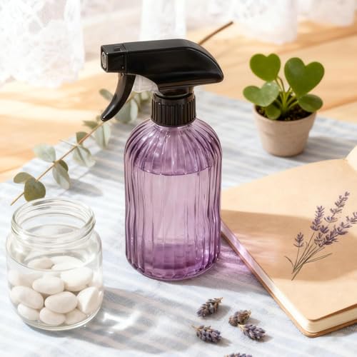 Glass Plant Mister Spray Bottle 15oz Purple Adjustable Nozzle for Gardening | 360° 3 spray modes, fine dew-like mist, thick glass, visible water level, 2pack mist sprayer for cleaning hair pets plants - color: Purple
