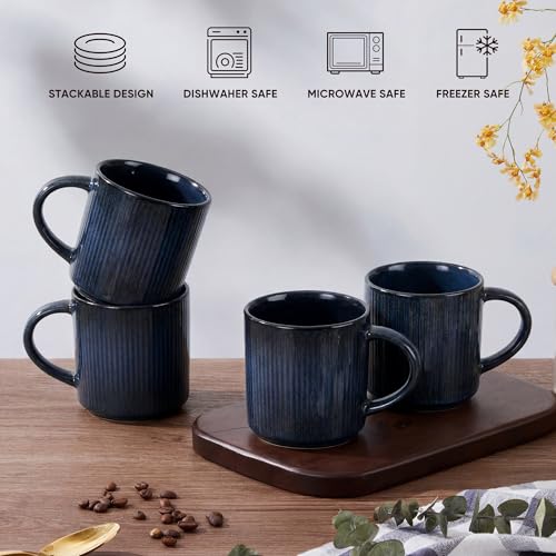 E-far Coffee Mugs Set of 4, 12 oz Stoneware Coffee Cups with Handle for Latte, Tea, Cocoa, Milk, Modern Ribbed Ceramic Mugs for Man Woman, Microwave & Dishwasher Safe, Midnight Blue - color: Midnight Blue