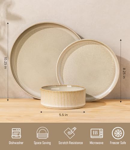 GBHOME Stoneware Dinnerware Sets for 4, 12 Pieces Plates and Bowls Set | Lightweight Ceramic Ribbed Dishes,Reactive Glaze Stackable Plate Set,Scratch Resistant,Microwave & Dishwasher Safe,Cappuccino - color: Cappuccino