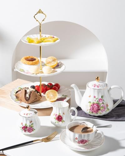 Sweejar 3 Tier Ceramic Cake Stand Wedding, Dessert Cupcake Stand for Tea Party Serving Platter (Fresh Flower) - color: Fresh Flower