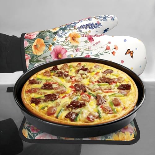 Giwawa Spring Flower Oven Mitts and Pot Holder Kitchen Accessories Sets Botanical Floral Heat Resistant BBQ Cooking Oven Gloves Washable Hot Pads - color: Botanical Floral