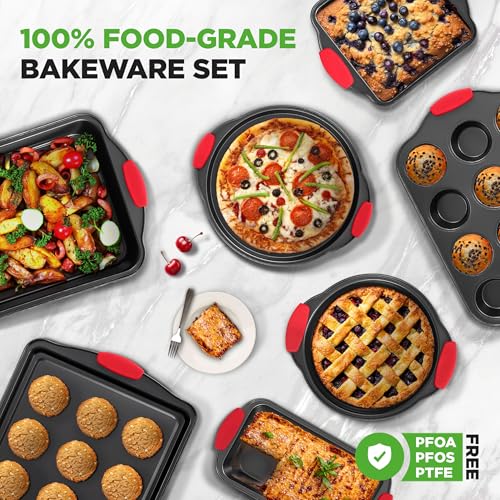 NutriChef 10-Piece Nonstick Kitchen Oven Baking Pans - Premium & Stylish Non-Stick Carbon Steel - Commercial Grade Restaurant Quality Metal Bakeware with Silicone Handles - Easy to Clean, NCSBS10S - size: 10-Piece Set