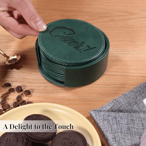 Coasters for Drinks Set of 6 with Holder, 6-Piece Leather Coasters with Embossed Cheers Marks - Durable Drink Coasters Set for Home, Bar, or Office - Green - color: Green