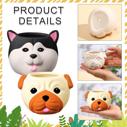 Hushee 12 Sets Ceramic Succulent Planters Paintable Succulent Plant Pots Small DIY Figurines Unpainted Pots with Drainage Hole Color Paints Paintbrushes Palettes - color: Dog