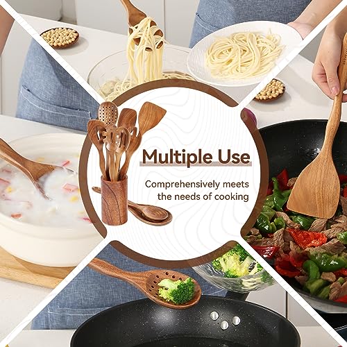 Kitchen 10PCS Teak Wooden Utensils Set With Holder and Spoon Rest | Non-stick, Easy to Clean, Durable, Smooth with Comfort Grip Wooden Spoons for Cooking - Non Toxic Wooden Cooking Utensil - style: 10 Pcs Spoons with Utensils Holder