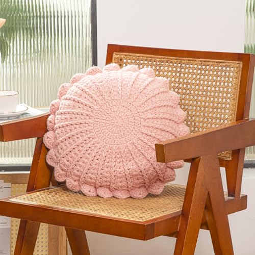 Knitted Throw Pillow Round Couch Pillow (Pink, 18inch) | Incloude insert Handmade Decorative Plush Pillow Cute Cushion - color: Pink