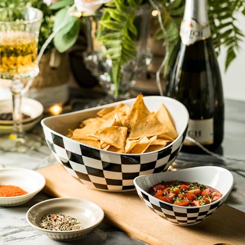 Miamolo Tiered Serving Bowls, Chip and Dip Serving Set, Hosting Essentials | Serving Platters and Tray for Appetizer, with Removable Stand, Party Entertaining, Black White Checkered, Microwave Oven Safe - color: Black and White Pattern, size: 2-Tier Set (