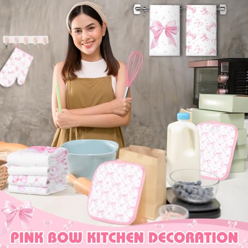 Teenyyou 8 Pcs Pink Bows Kitchen Towels Pot Holders and Oven Mitt Set Coquette Kitchen Accessories 4 Dish Towels 2 Absorbent Square Potholders 2 Heat Resistant Glove for Cooking Baking Home Gifting - style: Bow