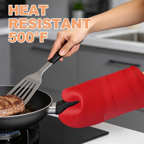 YUTAT Silicone Oven Mitts,Heat Resistant 2PCS Oven Mitts with Soft Polyester Filling,Kitchen Potholder Set - Perfect for BBQ, Baking and Cooking,RED,2 Pcs Set - color: Red-honeycomb Surface, size: 13“L x 7"W-2 Piece