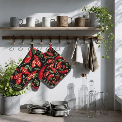 Mexican Hot Pepper Chili Oven Mitt and Pot Holder with Silicone Heat Resistant Kitchen for Cooking BBQ Baking Grilling Cooking Protection - color: Mexican Hot Pepper Chili