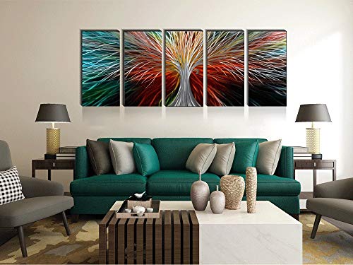 Yihui Arts Abstract Metal Wall Art - Tree Of Life Hand Crafted 5 Pieces Panels Large Big Unique 3D Aluminum Modern Contemporary Home Accent - color: A Red, size: 64"L x 24"W