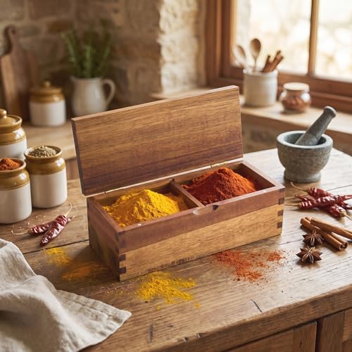 Acacia Wood Salt Cellar Spice Box with Magnetic Lid 29oz Large Capacity Salt Organizer 2 Compartments for Kitchen Countertop, Pepper, Seasonings, Spices, Grilling & Cooking - color: Acacia Wood, style: 2 Compartments