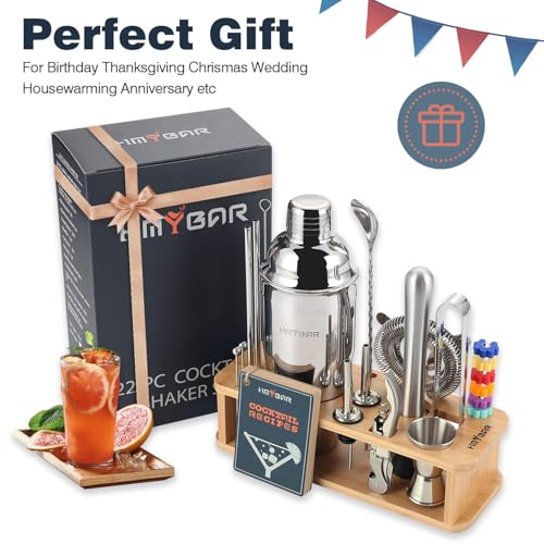 HMYBAR® 22-Piece Cocktail Shaker Set, Mixology Bartender Kit with 24oz Cobbler Shaker, Home Bar Tool Set with Natural Bamboo Stand, 39 Recipe Cards, Glass Markers, Gift for Men & Dad - color: Natural