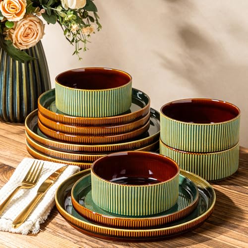 GBHOME Stoneware Dinnerware Sets for 4, 12 Pieces Plates and Bowls Set | Lightweight Ceramic Ribbed Dishes,Reactive Glaze Stackable Plate Set,Scratch Resistant,Microwave Dishwasher Safe,Maroon Olive - color: Maroon Olive