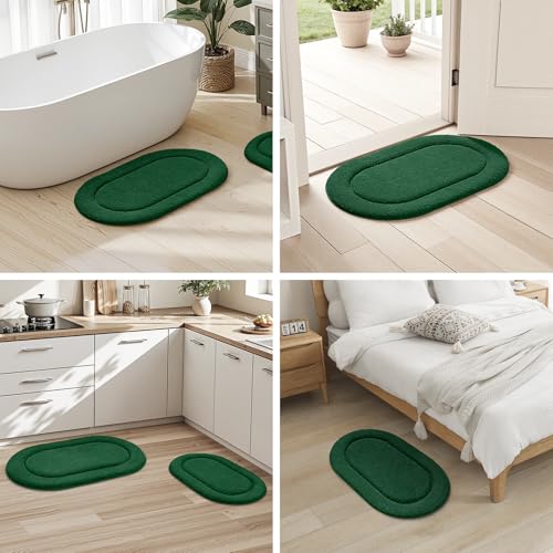 HOMEIDEAS Dark Green Oval Bathroom Rug Sets 2 Piece 20" x 32" + 16" x 24" | Microfiber Bath Mats, Non-Slip TPR Backing, Ultra Absorbent & Quick Dry, Machine Washable for Bathroom, Shower, Tub - color: Dark Green