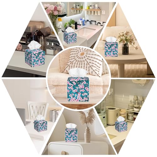 Pink Cherry Blossom Branches Tissue Box Cover Square, Tissue Box Holder with Bottom Belt Leather Facial Paper Organizer Dispenser for Bathroom Bedroom Dresser Night Stand Tabletop - color: Pink Cherry Blossom Branches
