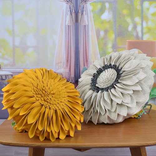 JWH Handmade 3D Sunflower Throw Pillow Cover, Golden Yellow, 14 Inch | Decorative Round Cushion, Floral Accent, Bed Living Room Couch Pops