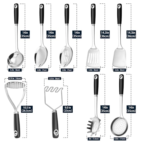18/0 Stainless Steel Cooking Utensils Set, Heavy Duty Kitchen Utensils for Daily Use Party Wedding Housewarming, Dishwasher Safe, 9 Pieces - color: Black, size: 9PCS-Cooking Utensils Set