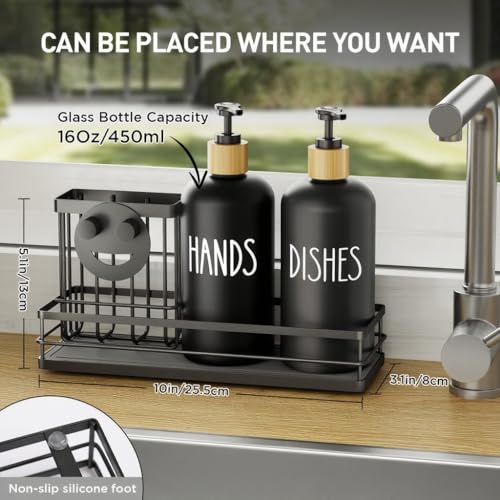 Moforoco Kitchen Dish Soap Dispenser Set, 16OZ Glass Bottle, Hand and Dish Soap Dispenser Set, Instant Dry Tray, Brush Holder with Smiley Face Sponge Holder (Black Tray+Black Bottle) - color: Black Tray+black Bottle