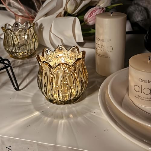 Tulip Votive Candle Holders Set of 6, Tea Light Candle Holder Glass for Table Centerpiece, Tealight Candle Holders for Wedding Déco, Birthday, Anniversary, Parties, and Holiday (Glod) - color: Glod - Set of 6