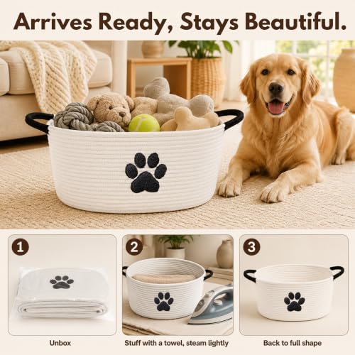 Dog Toy Basket with Handles, Cotton Rope Storage Bin Organizer for Pets | Holds toys, blankets, leashes & dog stuff. Machine washable, collapsible, free-standing woven bin with embroidered paw. - color: White/Black