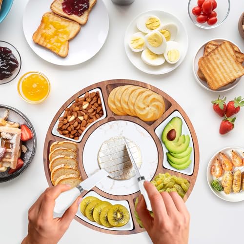 360° Rotating Lazy Susan Cheese & Charcuterie Board Set - 13.5" Acacia with Built-in Slate Chiller, 3 Ceramic Bowls & 2 Cheese Knives - Housewarming, Birthday & Wedding Gift - size: Round 13.5" Lazy Susan
