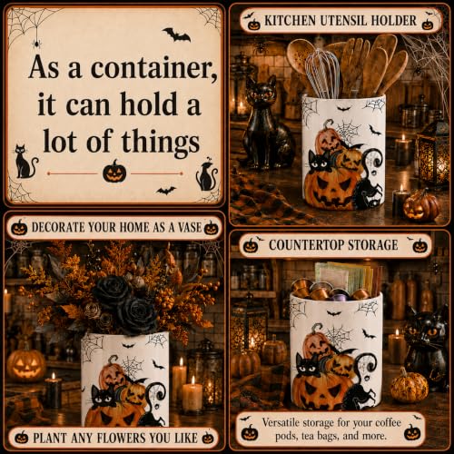 Halloween Utensil Holder, Spooky Ceramic Kitchen Utensil Holder, Utensil Crock for Home Kitchen Countertop Storage Organizer Container, Large Holder for Spatulas, Spoons, Kitchen Counter Decor, 6"