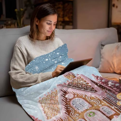 Pink Christmas Throw Blanket, Xmas Tree Gingerbread Man House Super Soft Warm Flannel Blankets for Bed Couch Sofa Fantasy Snow Scene Lightweight Fluffy Plush Bed Throws 50x60 Inch - color: Pink Blue, size: 50''x60''