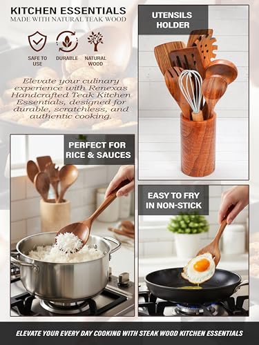 Kitchen Utensils Set, 12 Piece Teak Wooden Utensil Set for Cooking, Premium Teak Cooking Utensils, Non Toxic Wooden Spoons & Spatulas, Heat Resistant Kitchen Tools for Nonstick Cookware