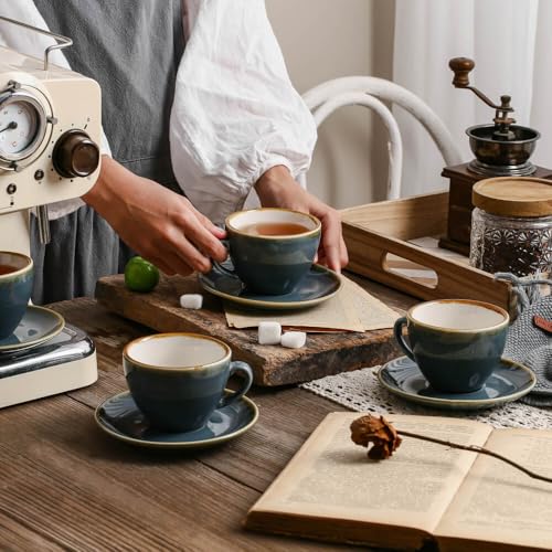 SHUER Ceramic Cappuccino Cup Set of 4, 11.2 OZ Cups and Saucers Set,Coffee Mocha Cup Sets,Black Coffee Cups and Glaze Americano Mug Great for Party and Low Tea Time (Blue 320ml) - size: Large(320ml)